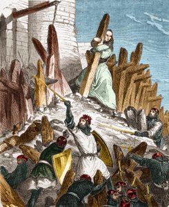 Guerra contro Hugues du Puiset da parte di Luigi il Grosso: Attacco del castello di Puiset (situato nel dipartimento di Eure-et-Loir) da parte delle forze del re di Francia Luigi VI il Grosso nel 1118. Incisione in "Histoire De France En Cent Peintures" di
