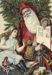 Ragazza che guarda un libro illustrato da Babbo Natale da French School