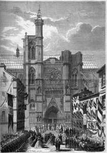 Architettura gotica: vista della Cattedrale Notre Dame di Clermont Ferrand (Clermont-Ferrand), Puy de Dôme (63), durante la visita di Napoleone III e dell