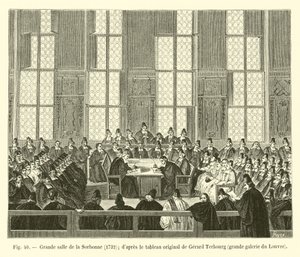 Grande sala della Sorbona, 1732; dal dipinto originale di Gerard Terbourg, grande galleria del Louvre da French School
