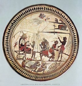 Coppa greca raffigurante Arcesilao II, re di Cirene (c.560-550 a.C.) che osserva la pesatura e il carico del silfio, copia di un originale del VI secolo a.C.