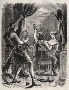 Mitologia greca: "Questo grido fu fatto da Paride". Paride sorprende Elena con Peritanus. Incisione del 1871 in "Histoire Des Cocuses Celebres" di Henry de Kock da French School
