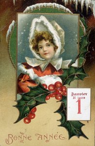 Cartolina di auguri: "Buon Anno" (ragazza con agrifoglio) - cartolina, inizi XX secolo da French School