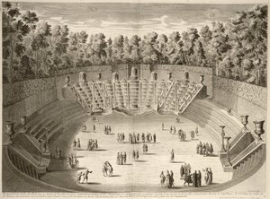 Boschetto della Salle du Bal, Versailles, da Les Plans, Profils et Elevations des Ville et Chateau de Versailles, inciso da Lucas, pubblicato c.1715 da French School