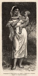 Donna Guaranie che fuma il sigaro al suo bambino, portato sul fianco, per cercare di placare il suo pianto, incisione dal disegno di D.Maillart, illustrante il viaggio in Paraguay nel 1872-1873, di L.Forgues, pubblicato in "Le tour du monde" 1874, a cura d da French School