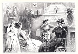Ospiti in un hotel di Parigi che ascoltano trasmissioni dirette di opere o spettacoli teatrali sul Theatrophone di Marinovitch e Szarvady, da La Nature, pubblicato nel 1892
