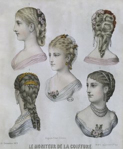 Acconciature, illustrazione da Le Moniteur de la Coiffure, 10 dicembre 1879 (incisione a colori) da French School