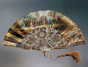 Ventaglio con scena di bambini che giocano, foglia di carta con litografia ad acquerello e coste in madreperla