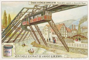 Treno sospeso sul fiume Wupper, carta pubblicitaria promozionale per Veritable Extrait de Viande Liebig da French School