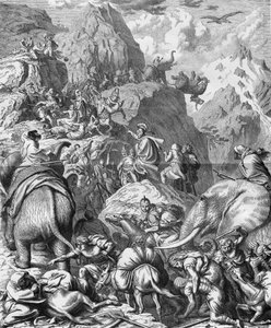 Annibale attraversa le Alpi con elefanti per arrivare in Italia (II Guerra Punica). Incisione del XIX secolo da French School