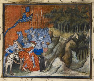 Harley 1319 f. 5, Re Riccardo II nomina cavaliere Enrico di Monmouth durante la campagna irlandese, dal Libro della cattura e morte di Re Riccardo II da French School