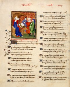Miniatura di una donna che legge proverbi morali all