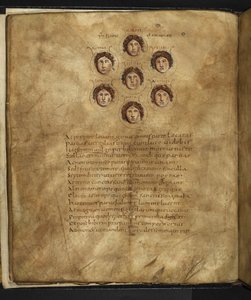 Illustrazione dei volti delle Pleiadi, sette sorelle che vivevano nei cieli come stelle, con i loro nomi iscritti intorno, da 