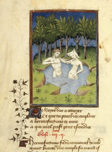 Miniatura di Ermafrodito e la ninfa Salmace che si bagnano in un lago, da 