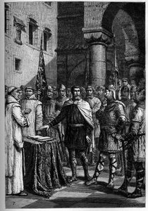 Harold, re degli inglesi, giura fedeltà a Guillaume, duca di Normandia (Guglielmo I) - Harold II (1020-1066) ultimo re anglosassone incoronato nel 1064, giurando sulle sacre reliquie davanti a Guglielmo I il Conquistatore di sostenere la sua causa al trono
