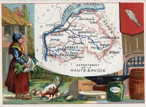 Haute Savoie (Haute-Savoie, 74), Rodano Alpi (Rhone-Alpes), Francia. Specialità locale: carta, gruyere, miele, tabacco e altiforni. Serie sui Dipartimenti Francesi. Cromolitografia "il filo geografico", circa 1920. Collezione privata da French School