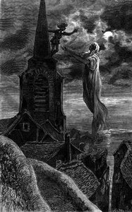 Apparve sul campanile della chiesa. Incisione che illustra il romanzo "Fuoco e Fiamme" di Zenaide Fleuriot. In "Le Journal de la jeunesse" da French School