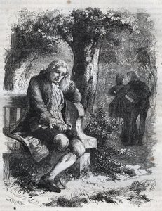 Sentì il sussurro di un bacio. Il filosofo svizzero Jean Jacques (Jean-Jacques) Rousseau (1712-1778) sorprende la sua compagna Marie-Thérèse (Marie Thérèse) Le Vasseur (Levasseur) (1721-1801) in pieno adulterio. Incisione del 1871 in "Histoire Des Cocus Cé da French School
