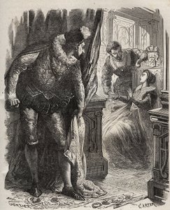 Henry Stuart detto Lord Darnley (1545-1567) sorprese sua moglie, la regina Maria I Stuart (1542-1587), con il suo segretario privato, David Rizzio (m. 1566). Incisione del 1871 in "Histoire Des Cocuses Célèbres" di Henry de Kock da French School