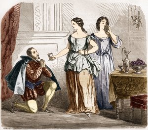 Enrico IV (1553-1610), Re di Francia servito da donne semi-nude. Incisione in 