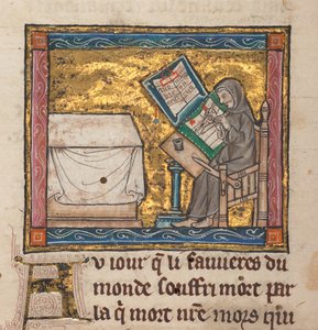 Eremita che scrive a una scrivania, miniatura da "Estoire del Saint Graal, La Queste del Saint Graal, Morte Artu", c.1315-25 da French School