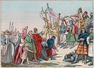Storia della Gallia nel Medioevo: sassoni germanici inginocchiati davanti al Re Carlo Magno (742 - 814), vincitore delle guerre - Incisione della fine del XIX secolo in "Le nostre glorie nazionali - Immagini e racconti"