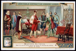 Storia del vetro: Enrico III (1551-1589) Re di Francia conferisce lettere di nobiltà ai maestri vetrai di Venezia. Fine XIX secolo cromolitografia Liebig da French School