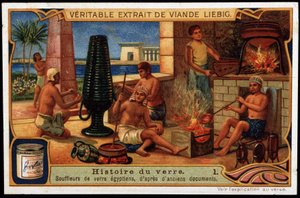 Storia del vetro: Soffiatori di vetro egiziani, basato su documenti antichi. Cromolitografia Liebig da French School
