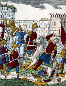 Storia dei quattro figli Aymon; Il traditore Ganelon, in agguato nella valle di Soissons, uccide il Duca di Beauves d
