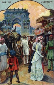Storia del turismo: Turisti occidentali in una strada di Lucknow, India. Cromolitografia del XIX secolo. Collezione privata