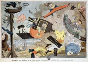 Come gli inglesi, un secolo fa, intendevano il futuro delle auto a vapore: caricatura sul motore a esplosione - Inghilterra da French School