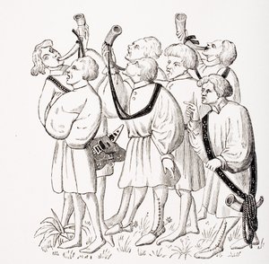 Come gridare e suonare i corni, dopo una miniatura nel manoscritto del XV secolo di Phoebus, da 