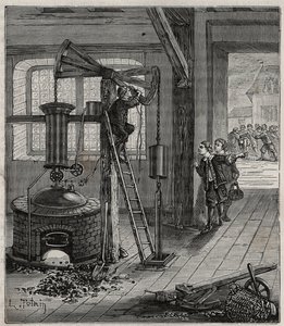 Humphrey Potter, incaricato di aprire e chiudere le valvole della macchina di Thomas Newcomen, la fa funzionare senza assistenza posizionando correttamente corde e fermagli per aprire e chiudere le valvole