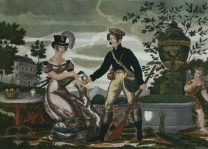 Incontro di caccia, tavola 2, inizio XIX secolo (incisione a colori) da French School