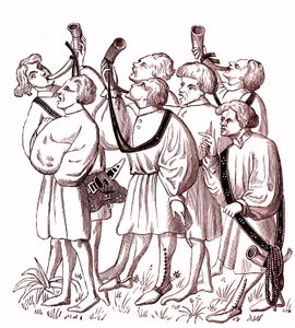 Suonatori di corno da caccia (XV secolo) - Simile Collegio di una miniatura dal manoscritto di Gaston Phebus da French School