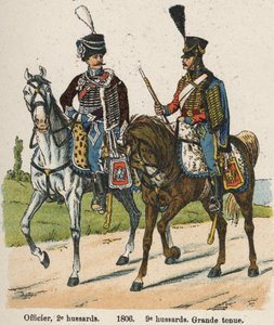 Ussari 1° vendemmiaio An XII (24 settembre 1803): Ufficiale, 2° ussari e 9° ussari in grande uniforme nel 1806. Tavola dal libro Les Uniforms de l