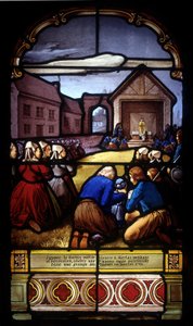Ignace Le Garrec, vicario sacerdote a Kerlaz durante la Rivoluzione, celebra una messa parrocchiale in un fienile a Caouët, gennaio 1793 - vetrata della chiesa di San Germano a Kerlaz da French School