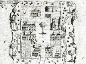 Ile Ste. Croix, il primo insediamento francese in Acadia, 1604, dai Viaggi di Samuel de Champlain (c.1580-1635), 1613 da French School