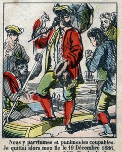 Illustrazione per il libro di Daniel Defoe "Robinson Crusoe". Immagine di Epinal della fine del XIX secolo. da French School
