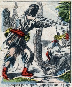 Illustrazione per il libro di Daniel Defoe "Robinson Crusoe". Immagine di Epinal fine XIX secolo