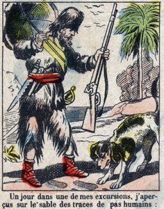 Illustrazione per il libro di Daniel Defoe "Robinson Crusoe". Immagine di Epinal fine XIX secolo da French School