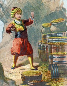 Illustrazione per le Mille e una notte. Alì Babà entra nella roccia, dicendo, Sesamo apriti e vede barili d