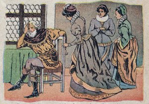 Illustrazione per il racconto "La Bella e la Bestia": il mercante perso nel dolore. Incisione di Quinn, circa 1890