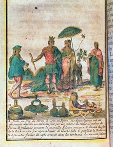 Illustrazione da una storia del Perù che mostra un re e una regina Inca con attendenti indiani e un diagramma di una bicharra da French School