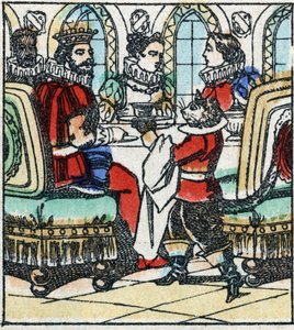 Illustrazione della fiaba di Charles Perrault “Il gatto con gli stivali”. Incisione su legno di Imaging Pellerin - Epinal, fine XIX secolo. da French School