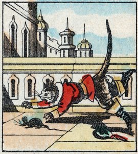 Illustrazione della fiaba di Charles Perrault "Il gatto con gli stivali". Incisione su legno di Imaging Pellerin - Epinal, fine XIX secolo.