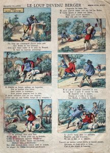 Illustrazione della favola di Jean de la Fontaine (1621-1695): il lupo divenne pastore. Immagine di Epinal fine XIX secolo