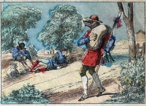 Illustrazione della favola di Jean de la Fontaine (1621-1695): il lupo divenne pastore. Immagine di Epinal fine XIX secolo da French School
