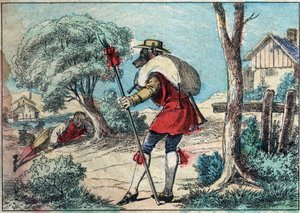 Illustrazione della favola di Jean de la Fontaine (1621-1695): il lupo divenne un pastore. Immagine di Epinal della fine del XIX secolo. da French School