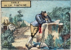 Illustrazione della favola di Jean de La Fontaine (1621-1695): il lupo diventato pastore. Immagine di Epinal della fine del XIX secolo da French School